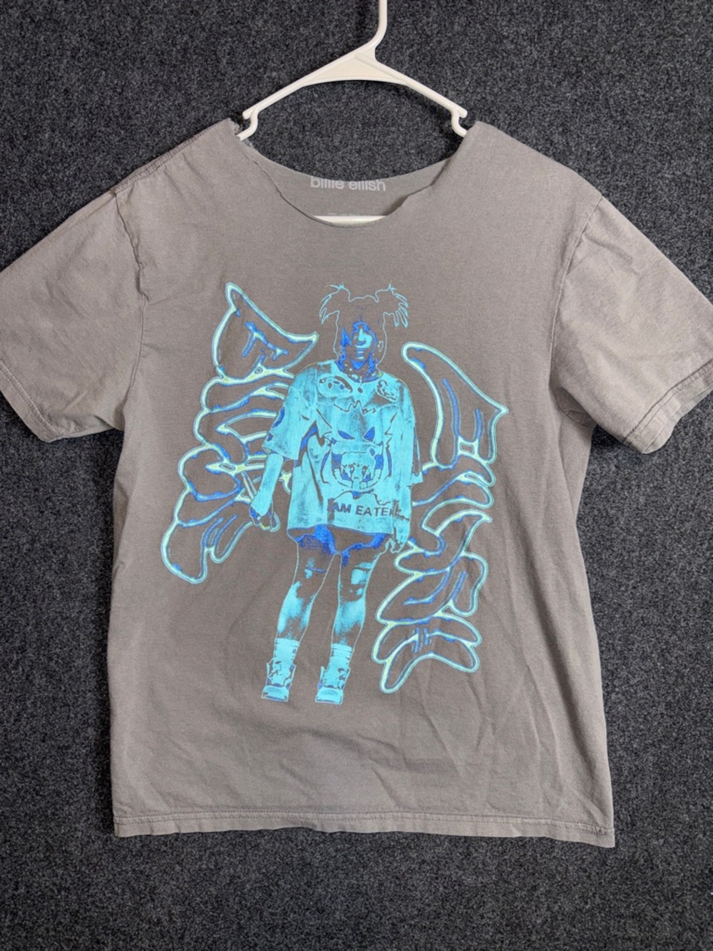 Billie Eilish Gray Short-Sleeve Graphic Tee with Neon Blue Print Cut‎ Neck